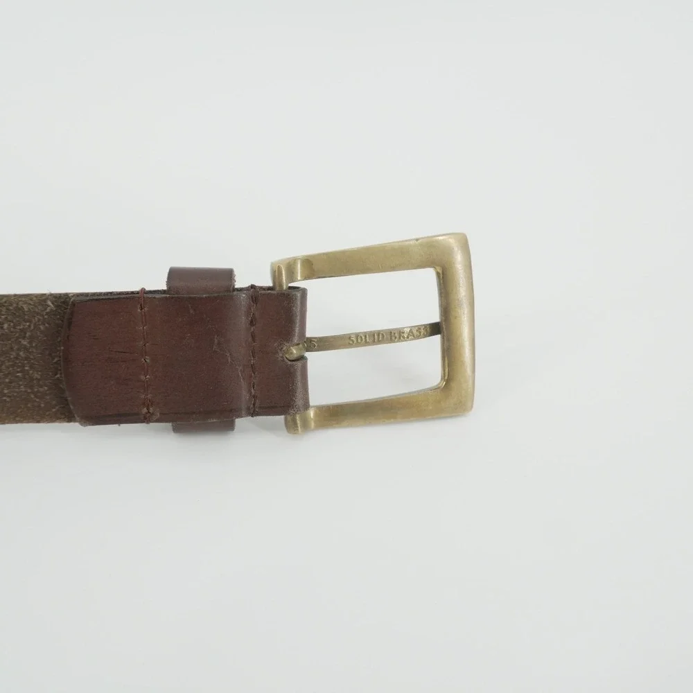 Studded Leather Belt Women 32-34 Brown Square Grommet Solid Brass Buckle
